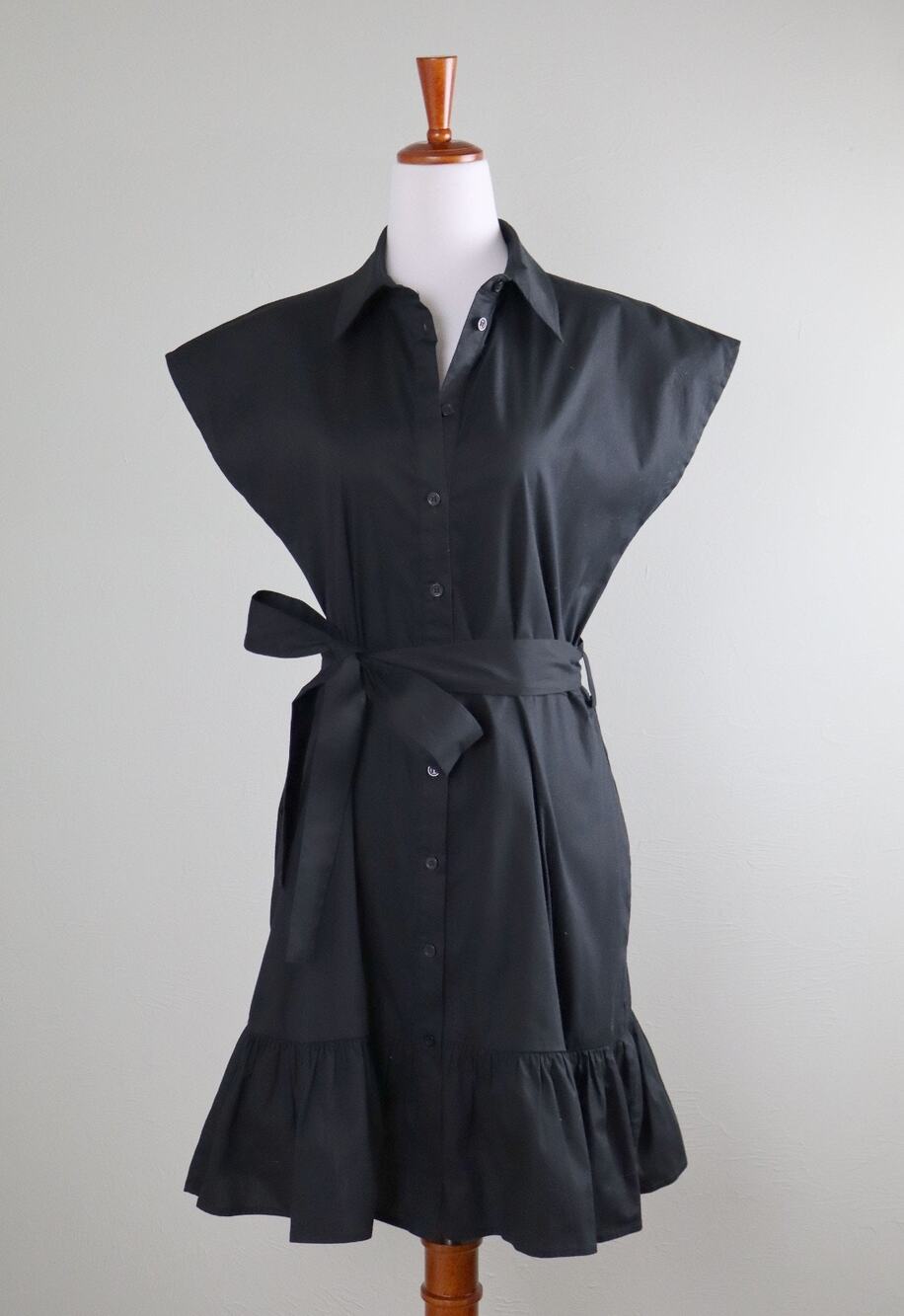 KIRNA ZABETE Solid Black Bow Belted Flounce Hem Shirt Dress Size Small